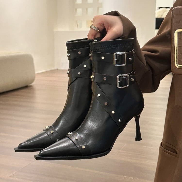 Sexy pointed toe high-heeled rivet design stiletto short boots for women 2024 new European and American fashion short-barreled fashion boots for women