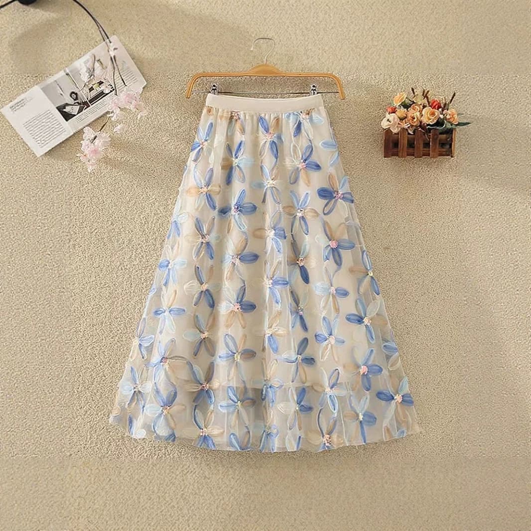 Heavy Craft Flower Sequins Fairy Tulle Skirt 2025 Spring New High Hip Cover Long Umbrella Skirt A-line Skirt 1863