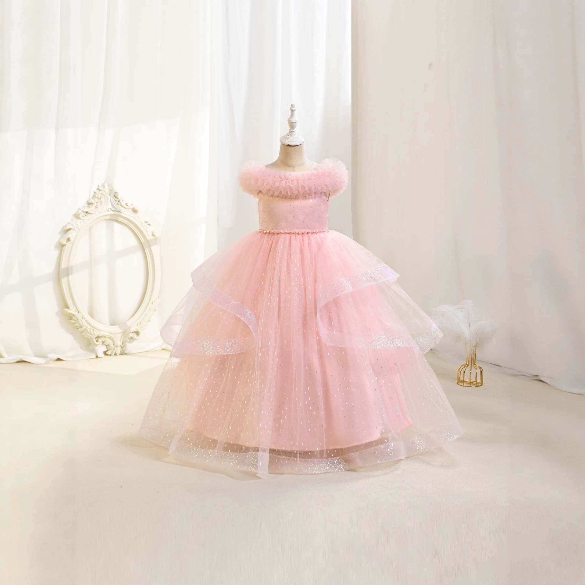Girls Princess Dress Summer Thin Feather Collar Flared Tulle Skirt Little Girl Flower Girl Host Performance Costume