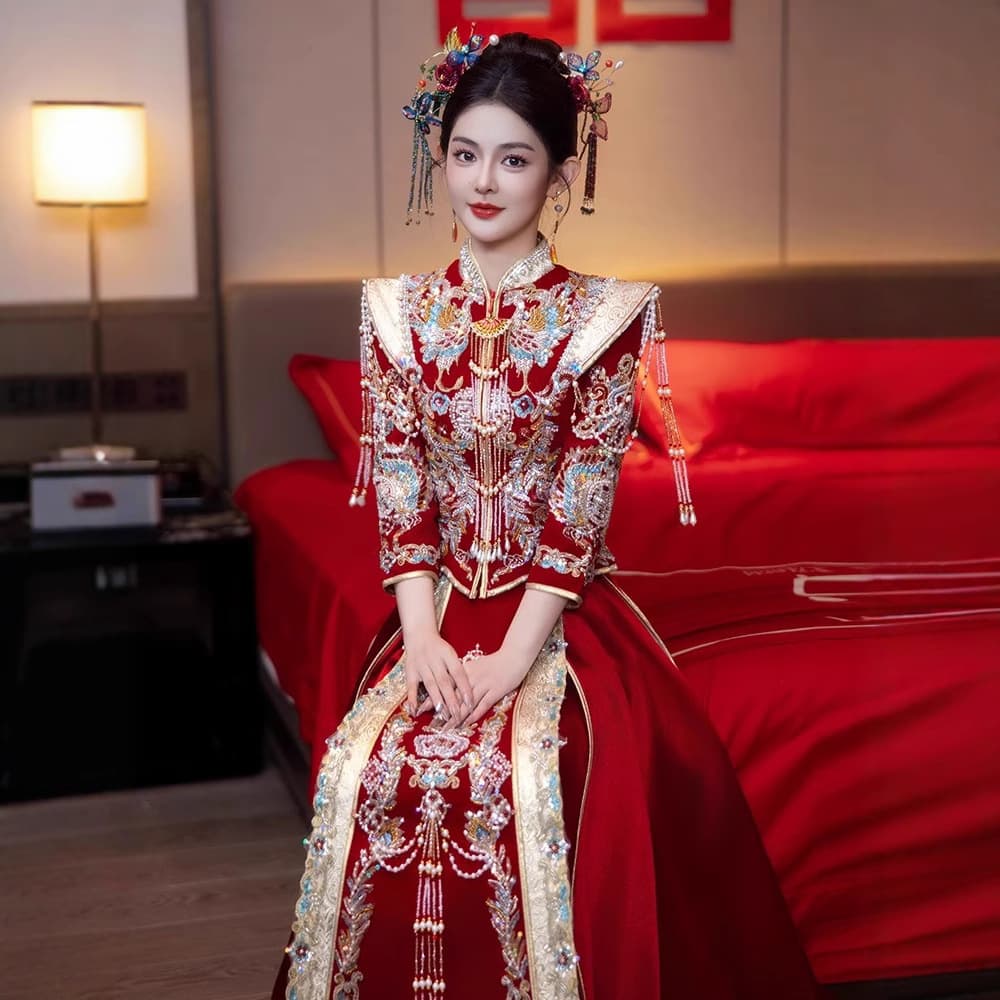 Velvet Xiuhuifu 2026 New Year Bride Chinese Wedding Dress Xiuhuifu Plus Size High-End Slim Fit