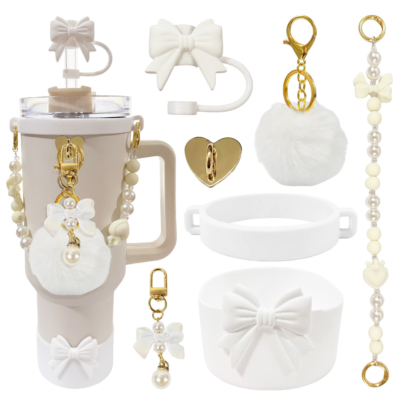 Cross-border Stanley Cup Accessory Set Silicone Straw Cap Carry Strap Pendant Pompom Charm Cup Chain Cup Sleeve