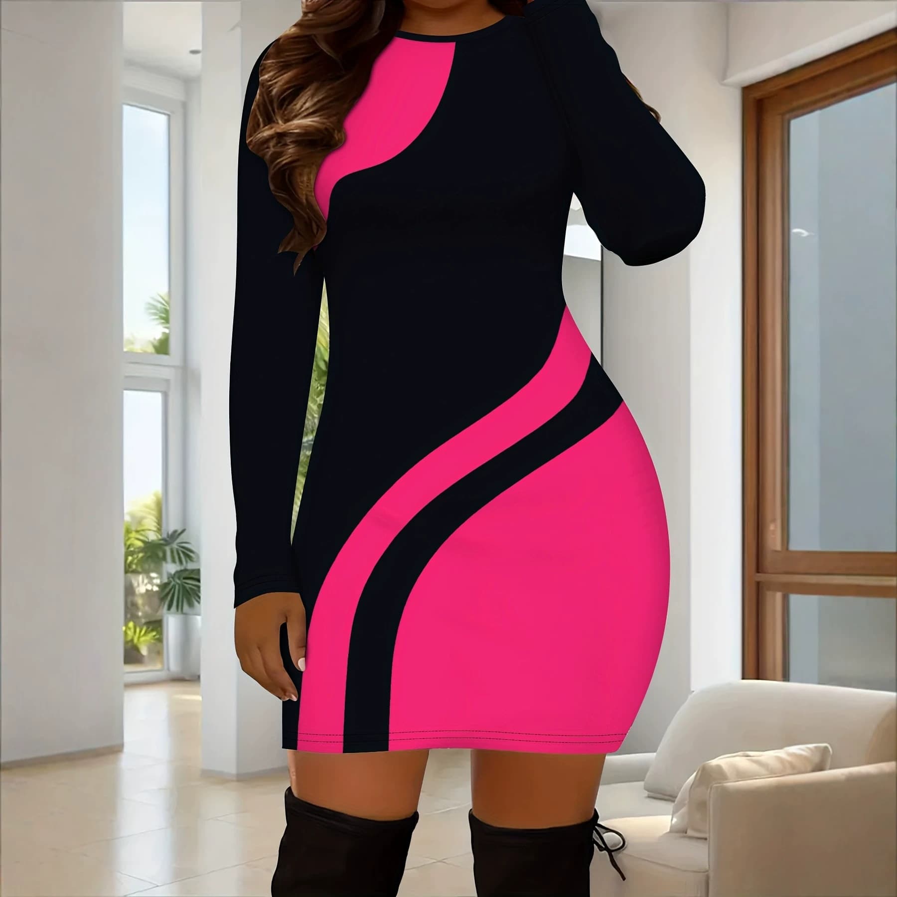 European and American style sexy color-blocking tight dress, new autumn and winter round neck long-sleeved butt-covering short skirt, women's slim fit