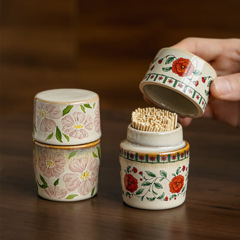 Recommended ~ Chinese retro toothpick tube household dental floss cotton swab storage tube with lid ceramic toothpick jar cross-border export