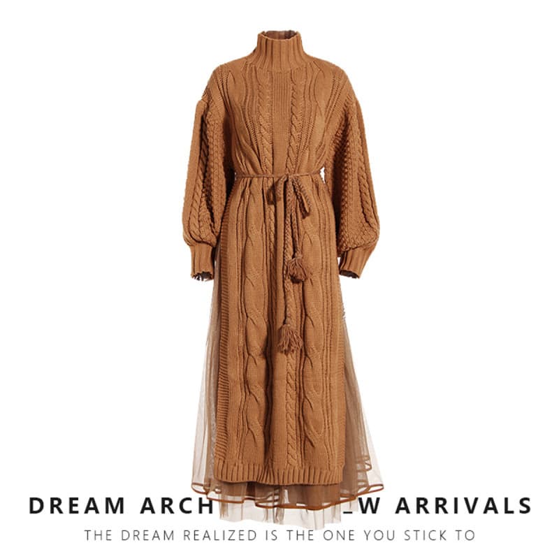 Long Stand Collar Lantern Sleeve Dress 2023 Spring Side Slit Knit Sweater Dress Mesh Skirt Two-Piece Set
