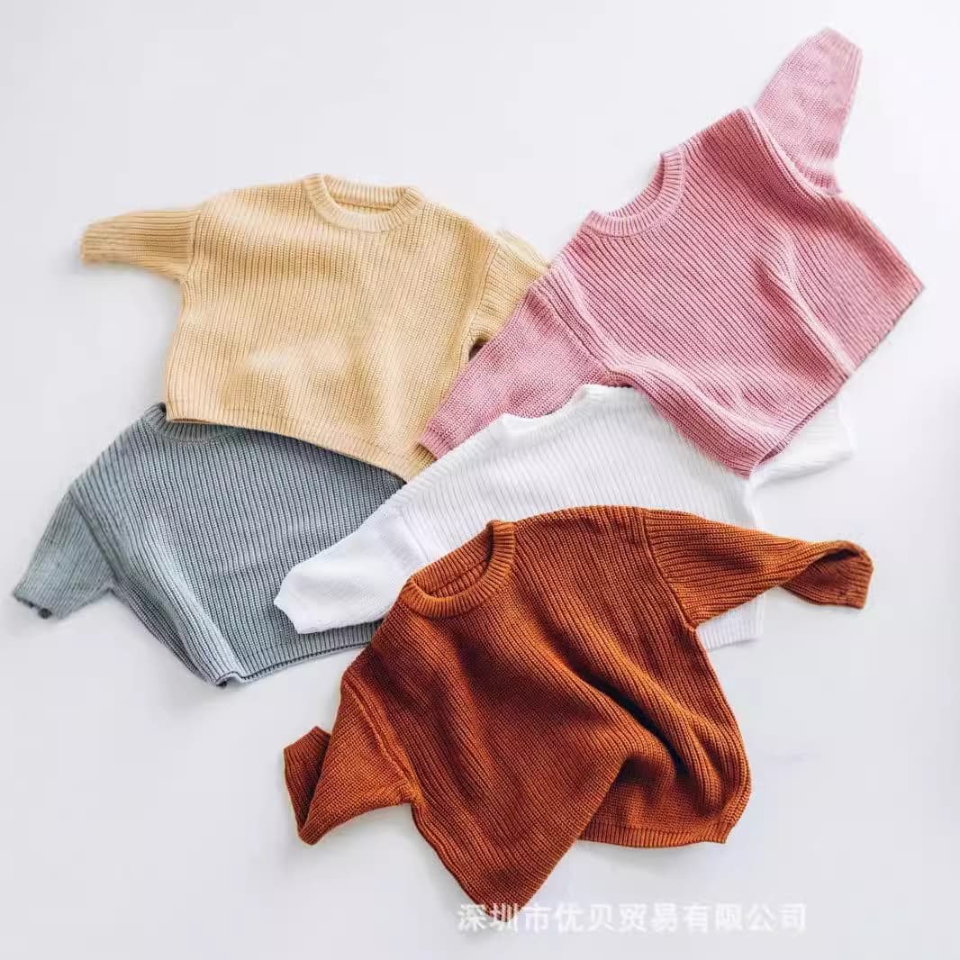 100% Cotton Baby Girl Boy Knit Sweater Blouse Soft Touch Neutral Style Winter Long Sleeve round Neck Solid Color Striped Pattern