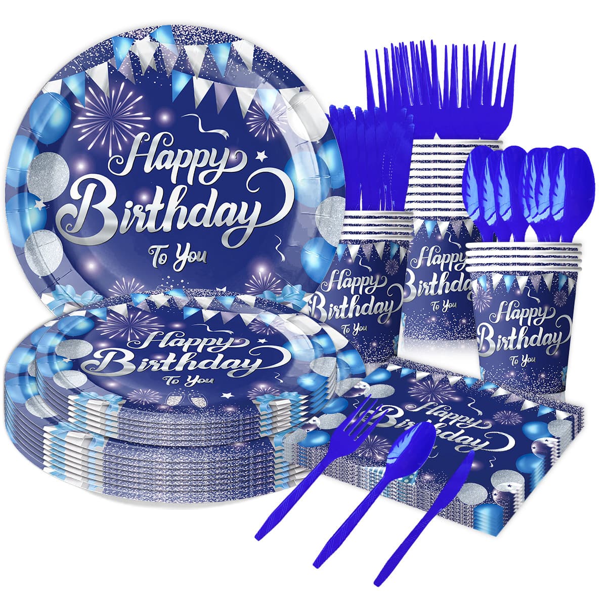 New Blue Birthday Theme Party Tableware Decoration Disposable Paper Plates Cups Napkins Tablecloth Knife Fork Spoon