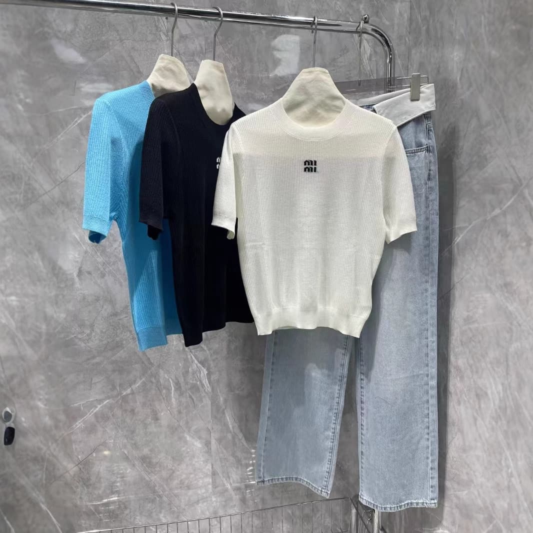 Gao Ding Meow Meow Home Letter Embroidered Knitted Sweater Short Sleeve 25 Years Spring and Summer New Casual All-match Thin Top Women