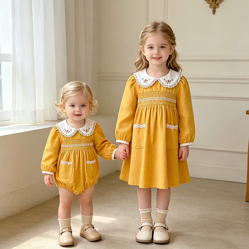 Girls' dress spring and autumn Korean style embroidered collar girl's dress baby crawling suit sister's children's clothing