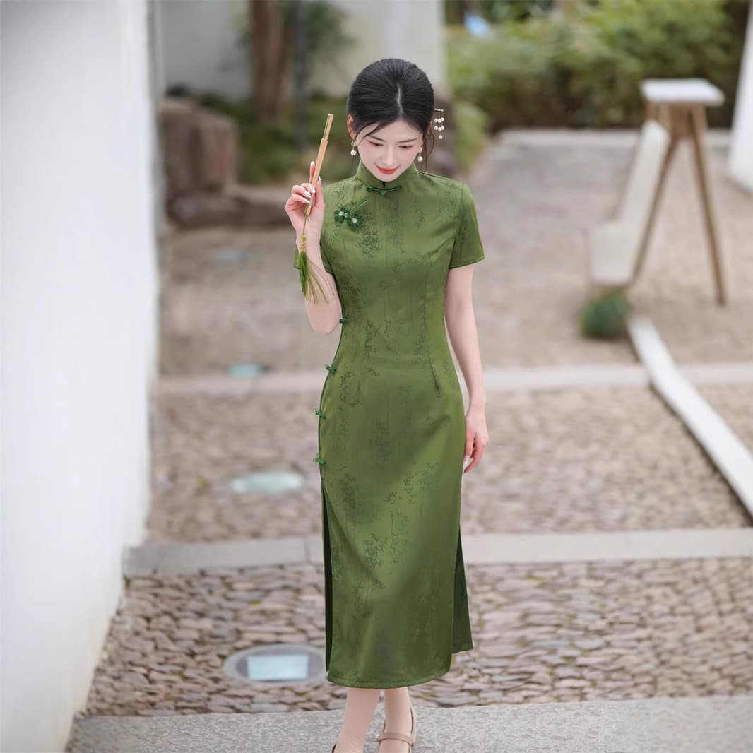 2025 Spring/Summer New Slim Fit Young Retro Modified Cheongsam Daily Long Dress with Jacquard for Gaokao Women