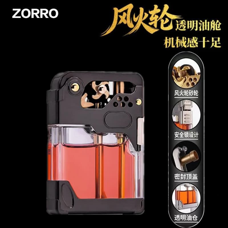 ZORRO Kerosene Lighter Transparent Fuel Tank Cyberpunk Mech Wind Fire Wheel Ejection Ignition High Appearance Lighter
