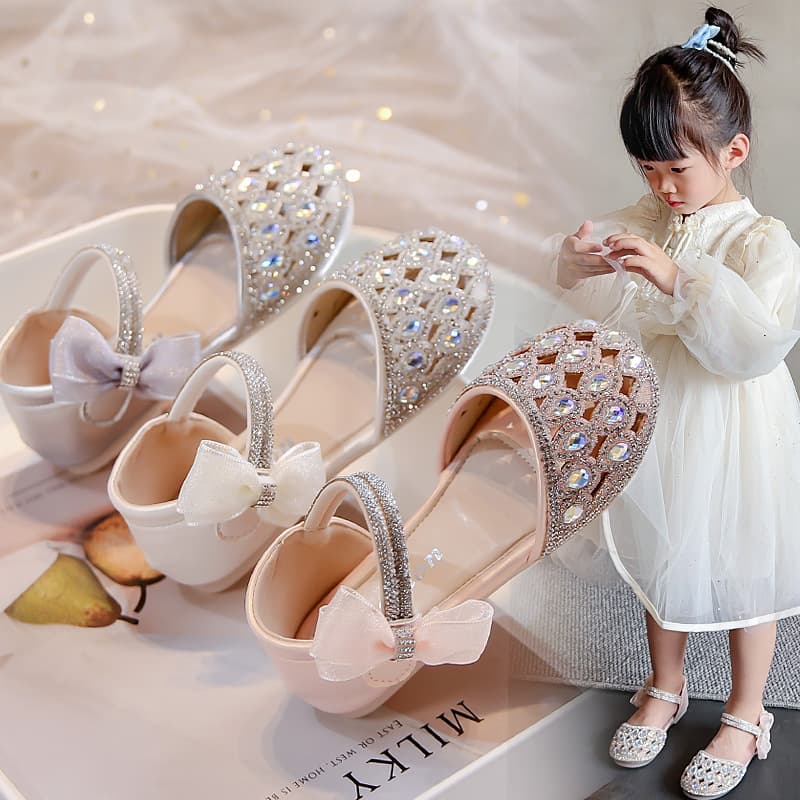 Girls' Rhinestone Cut-out Princess Shoes, 2025 Summer Mesh Bow Little Girl's Semi-Sandals Crystal Performance Shoes