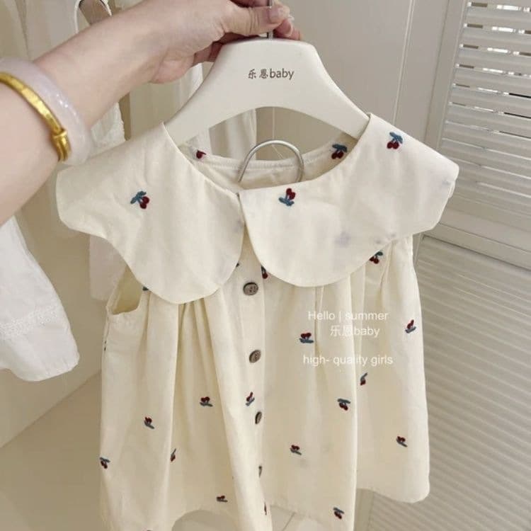 Girls Summer Beige Embroidered Cherry Dress Baby Doll Collar Vest Dress A-Line Loose Fashion Dress
