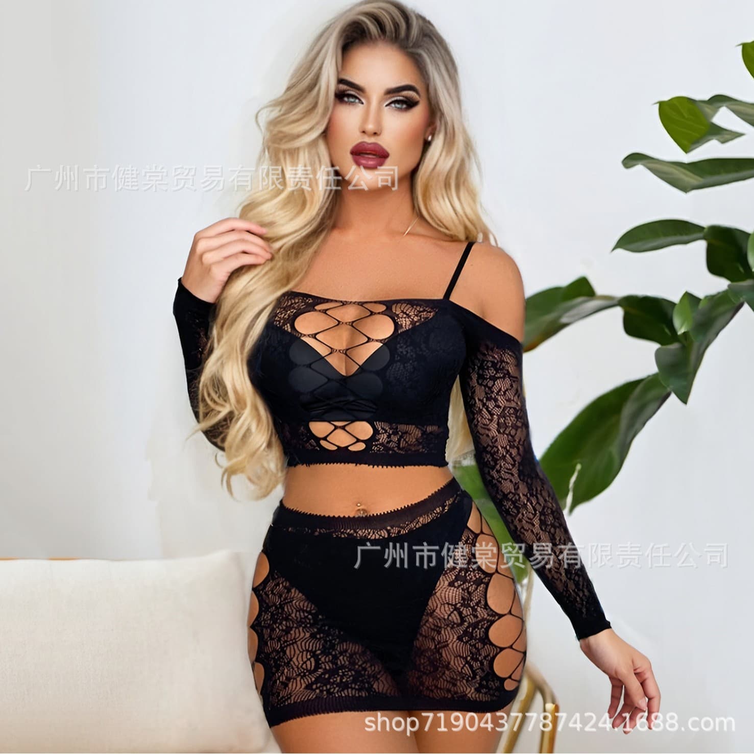 European and American Mesh Dress Set New Ins Strapless Sexy Back Hollow Cross-border Lingerie Skirt Two-piece Set