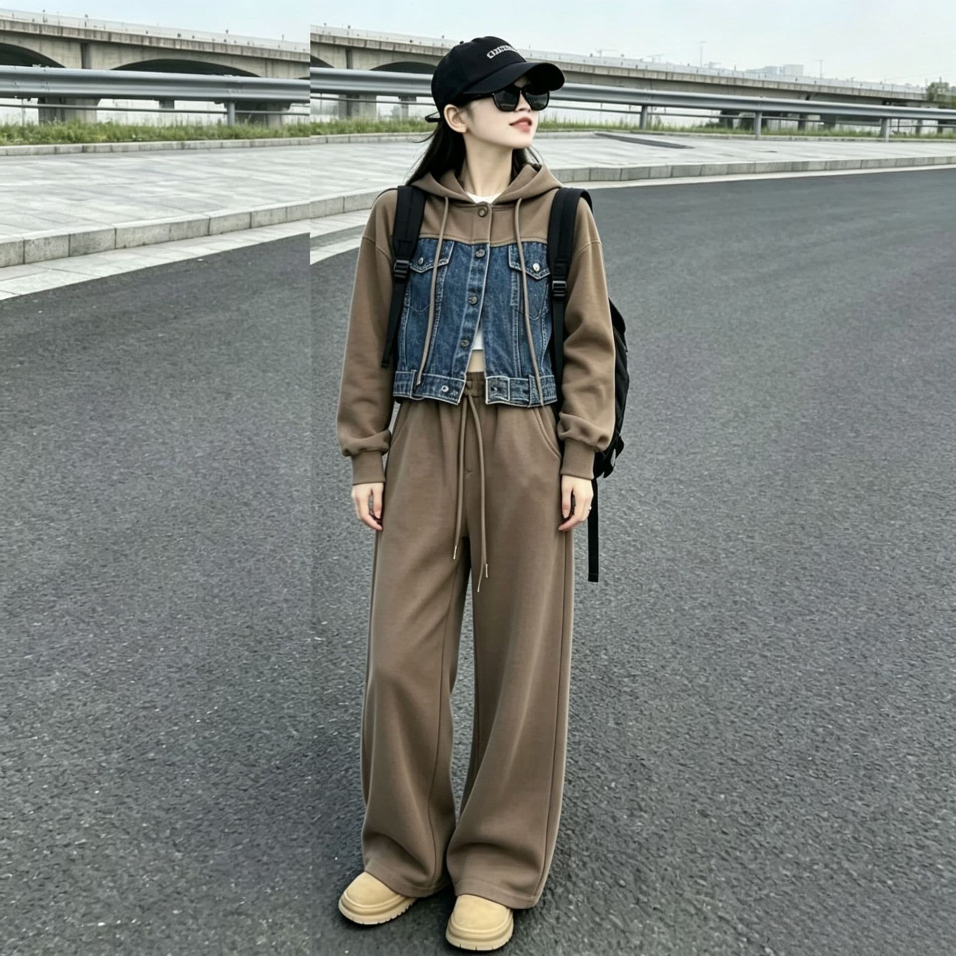 girlsets girls' clothing autumn 2026 new medium and large children's Korean sweatshirt spliced denim hooded two-piece suit