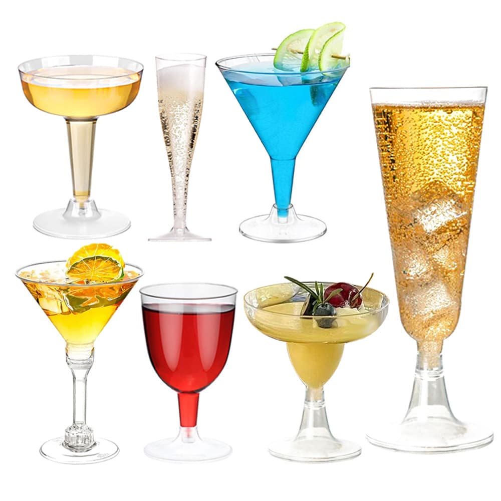 Disposable Plastic Cocktail Glasses, Wine Glasses, Dessert Cups, Stemware, Pudding Cups, Champagne Glasses for Dining, Parties, and Celebrations