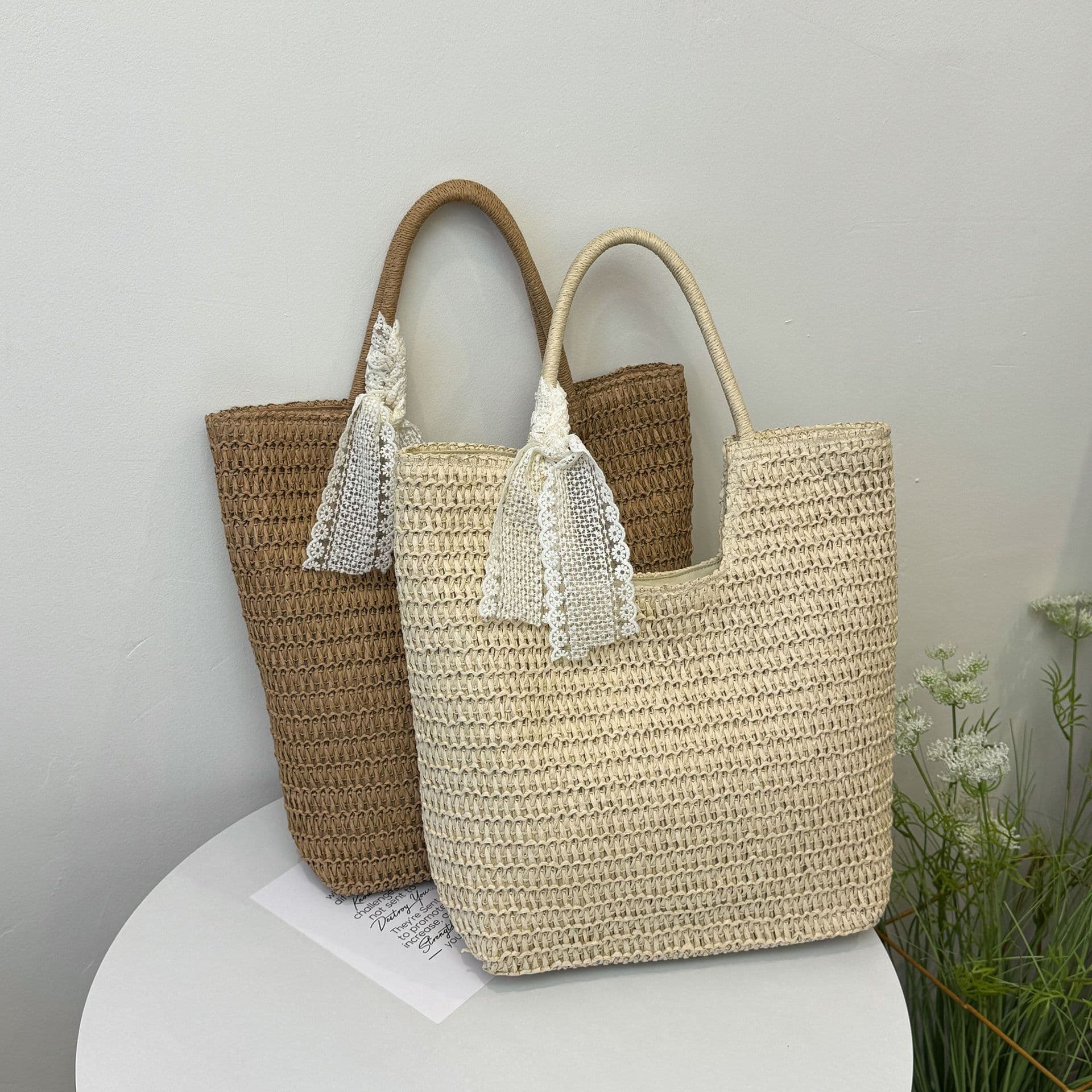 Straw Bag, Hand-Woven Bag, Ribbon, Stylish Woven Women's Bag, Beach Bag, Tote Bag, Retro Large-Capacity Handbag