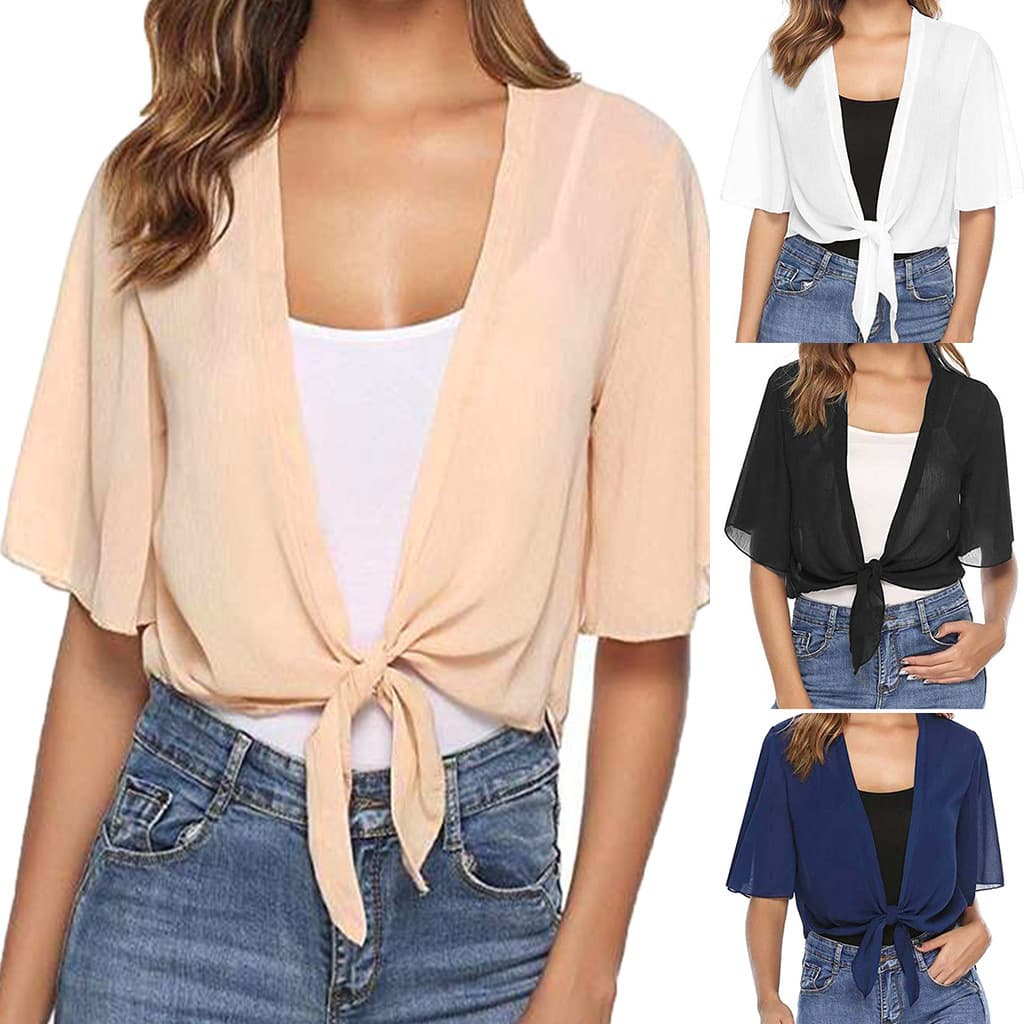 2023 New Women's Spring Summer Solid Color Chiffon Cardigan Casual Short Sleeve Top Ladies Elegant Blouse