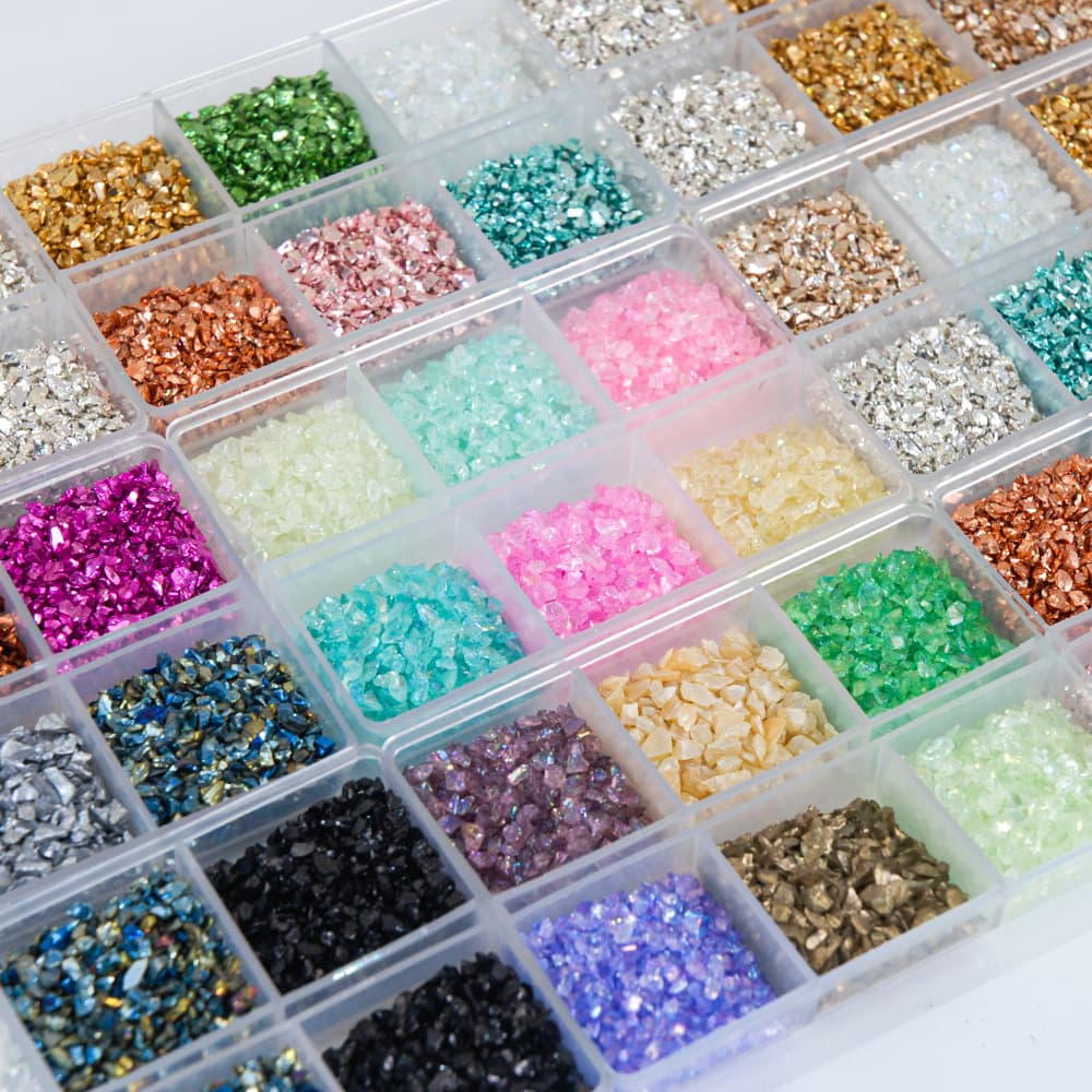 Manicure mineral gravel, metallic glass gravel, colorful crystal stone, colorful crushed sand 6-grid box, nail art decoration