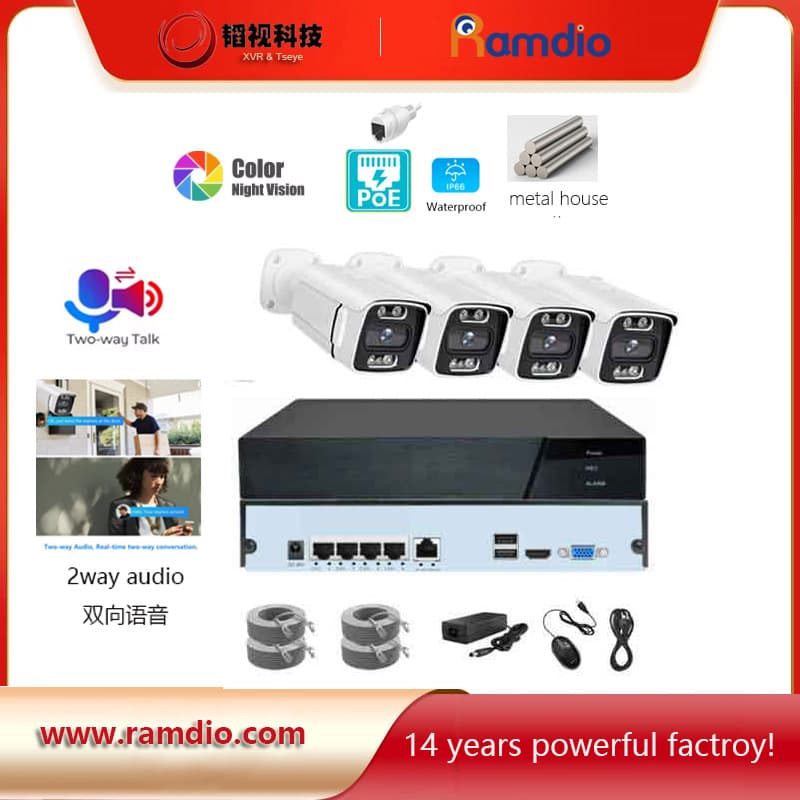 2-Way Audio Metal Bullet POE Camera 4CH 5MP POE NVR CCTV Kit