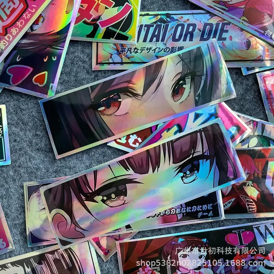 JDM Anime Japanese Rainbow Laser Rear Window Sticker Waterproof for Bicycle Travel Luggage Guitar Laptop