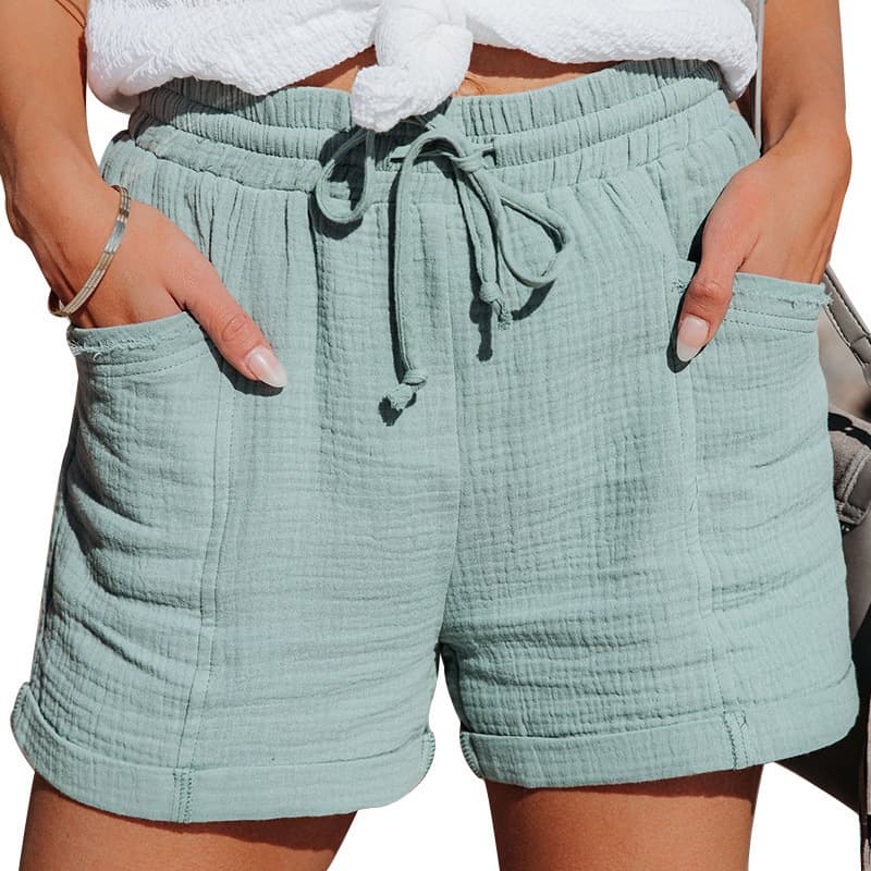 2021 European and American Cross-Border Summer New Women's Clothing Amazon Wish High-Waisted Tie-Up Loose Wide-Leg Shorts for Women