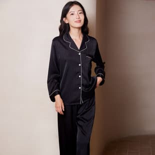 Custom Xiaohongshu Recommended Couple Pajamas Women Ice Silk Satin Long Sleeve Long Pants Couple Striped Trendy Homewear