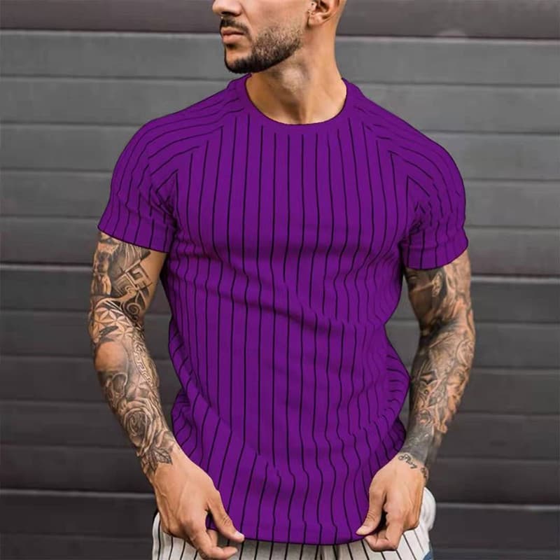 2024 European and American Foreign Trade Cross-Border New Men's Casual Round Neck Striped Short Sleeve Printed Long Pullover Men's T-Shirt