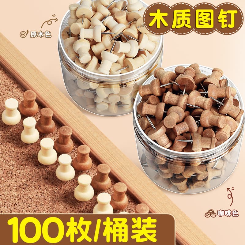 100 Wooden Thumbtacks, Bucket-Pack Large I-Shaped Nails, Cork Board Handmade Decorative Photo Fixers, Pins