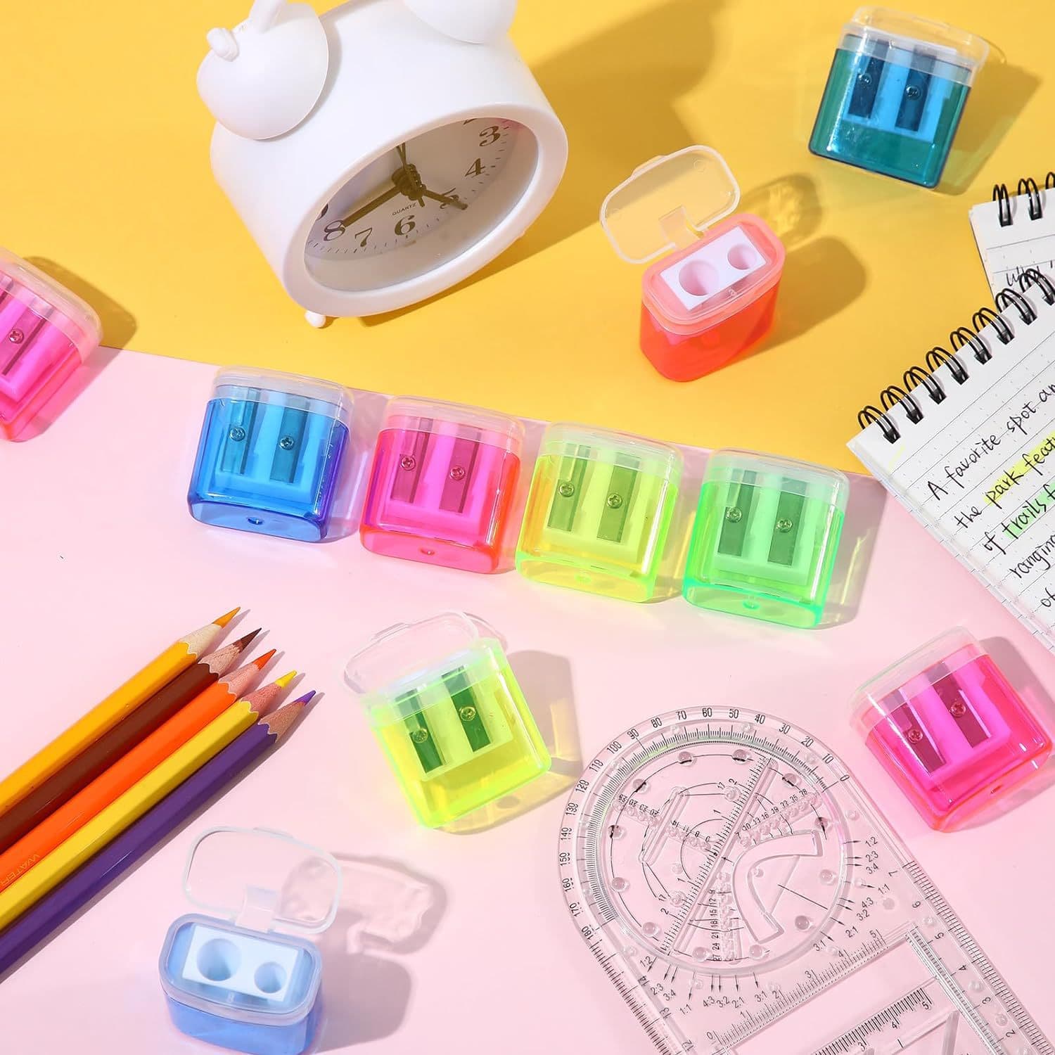 Taihao Dual-Hole Pencil Sharpener with Plastic Cover Bucket, Student Pencil Sharpener, Stationery Learning Supplies, Gift Wholesale