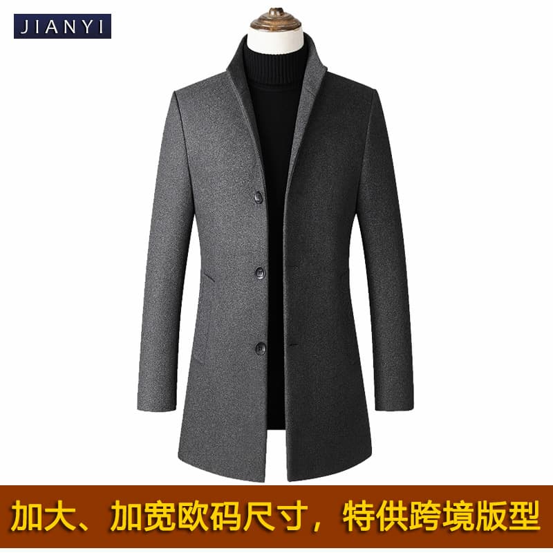 Jianyi Cross-Border European Size Mid-Length Single-Breasted Stand Collar Wool Men's Coat Trench Coat Outerwear