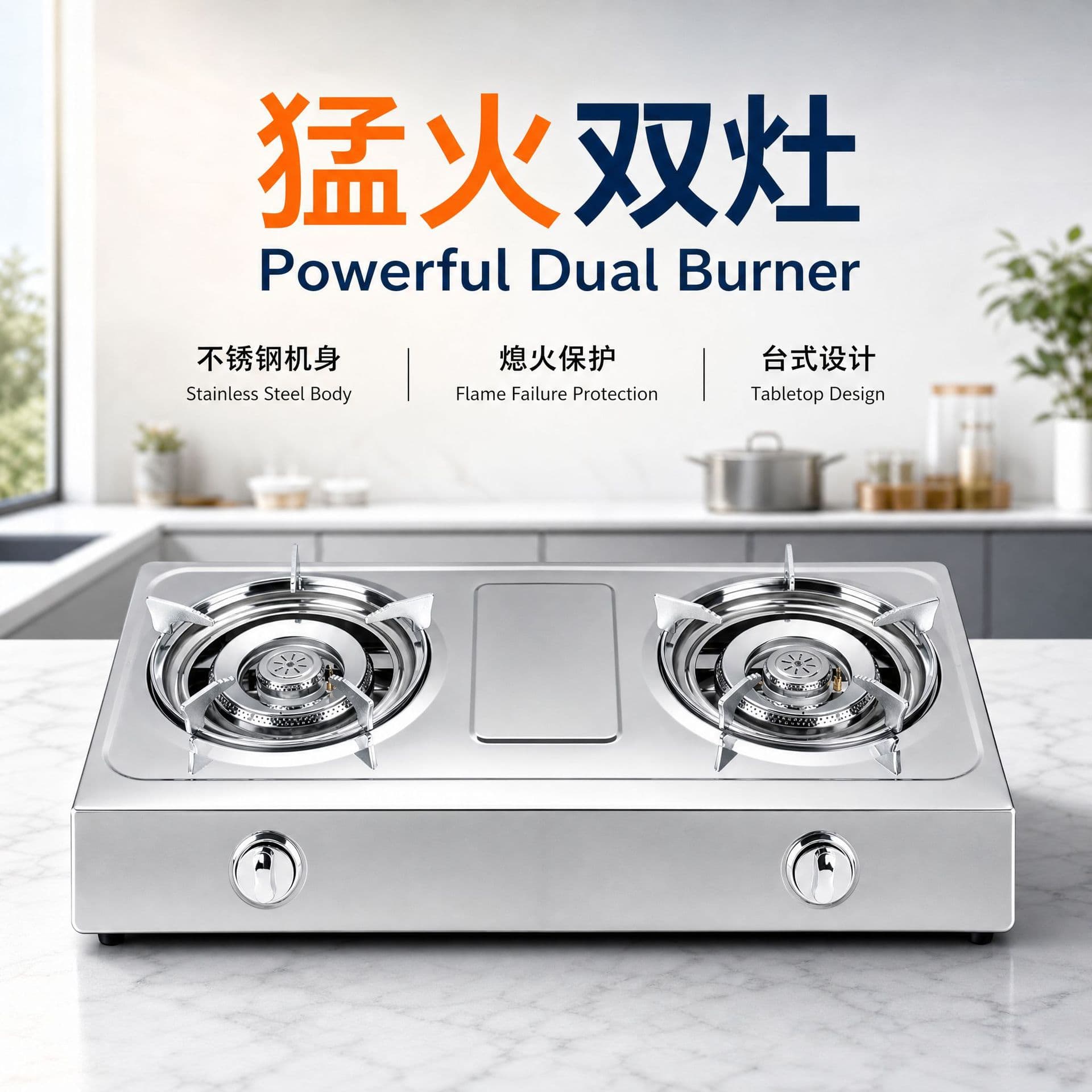 Household Kitchen Dual Burner High-Fire Gas Stove with Flame Failure Protection, Tabletop Dual Stove Stainless Steel Gas Cooker