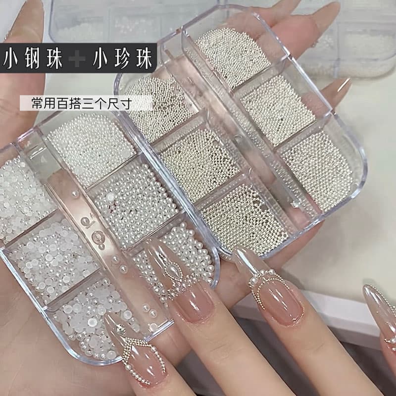Nail art pearl jewelry, off-white flat-bottomed semi-circular pearls, mini steel beads, versatile nail diamonds, wearable nail three-dimensional accessories