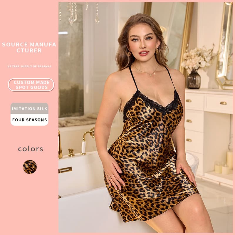New Cross-Border European and American Style Plus Size Nightgown Women Summer Thin Strap Sleepwear Sexy Backless Leopard Print Nightgown Wholesale