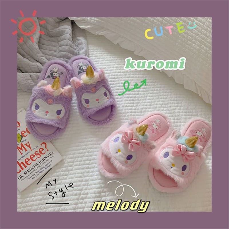 Spring/Summer Cute Cartoon Plush Open-Toe House Slippers Flip-Flop Indoor Floor Fuzzy Sandals