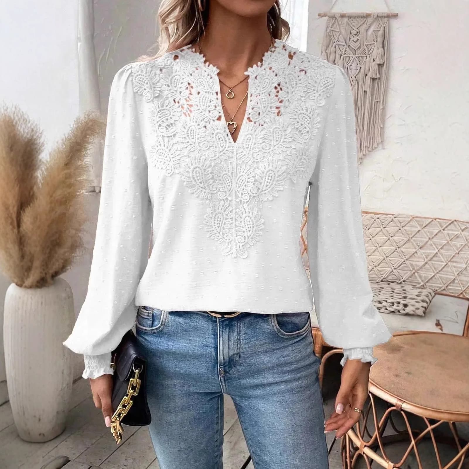 2024 European and American Amazon Cross-Border Autumn and Winter New Fashion V-Neck Lace Solid Color Long-Sleeved Casual Women's Tops