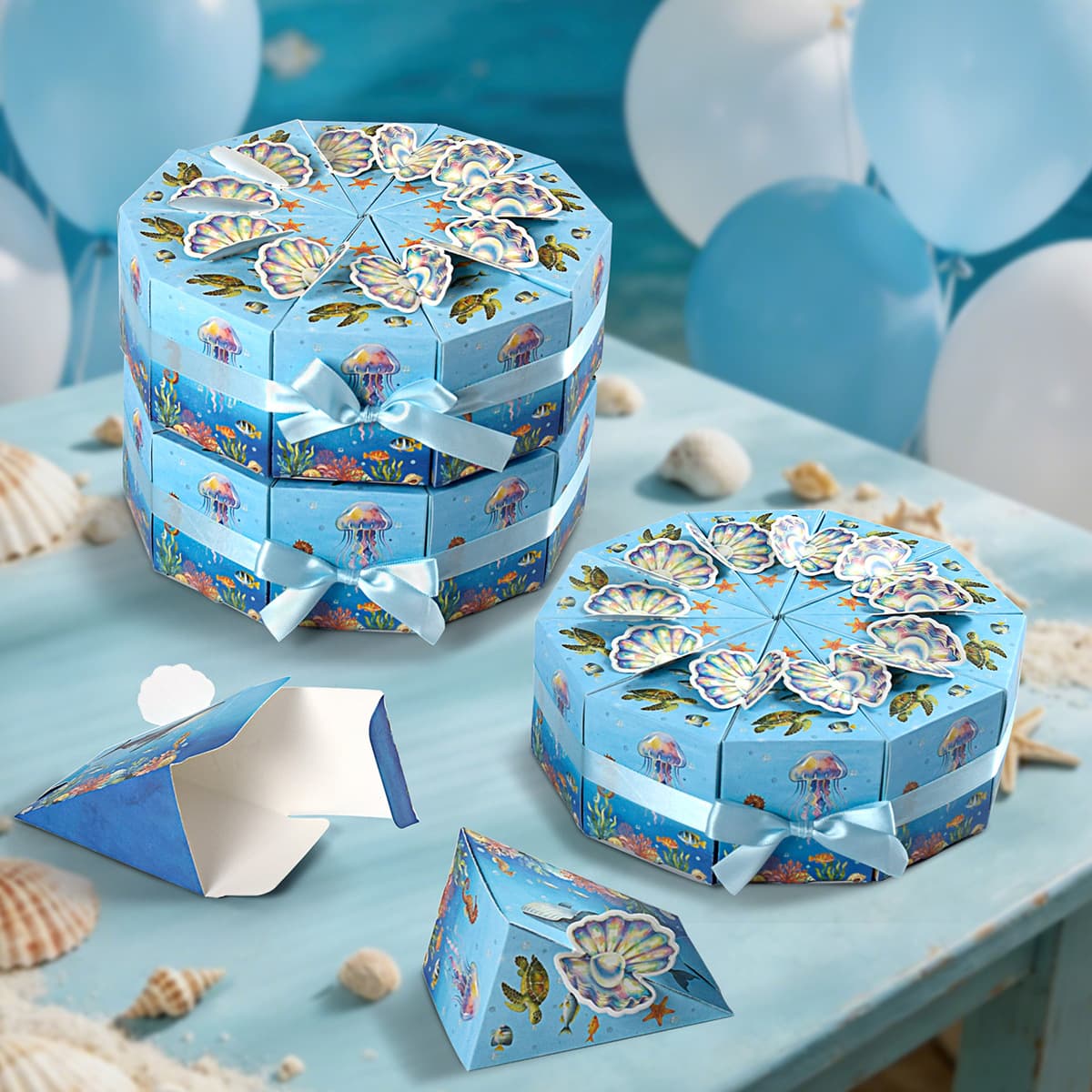 Ocean style cake-shaped box, underwater world triangle candy box, children's birthday party souvenir gift box 10/pack