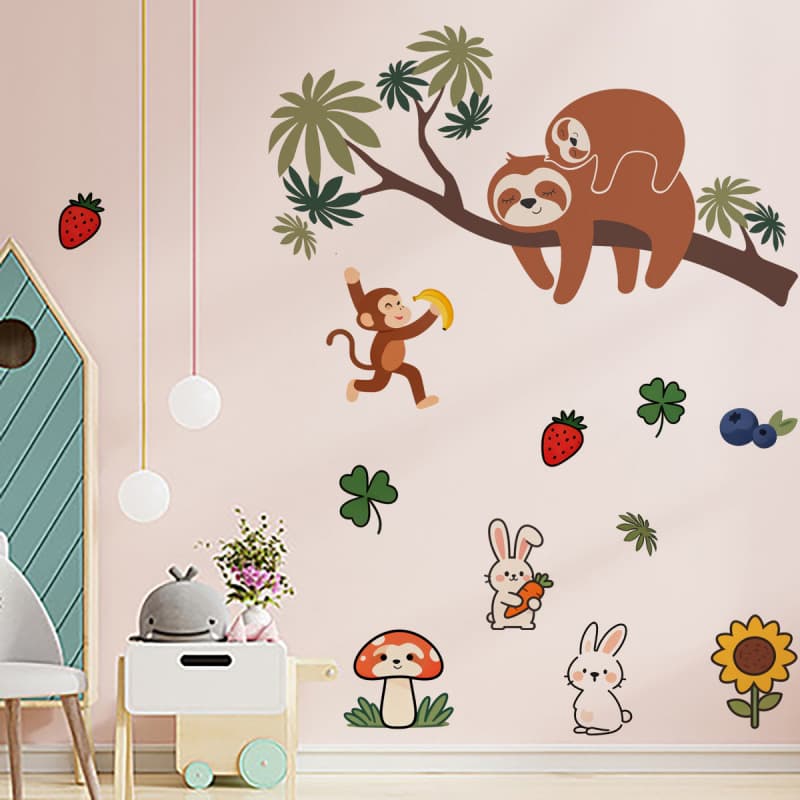 Cute Animal Wallpaper Cartoon Stickers for Kids' Room, Living Room Decoration, Jungle Play Sloth Flower Wall Decals