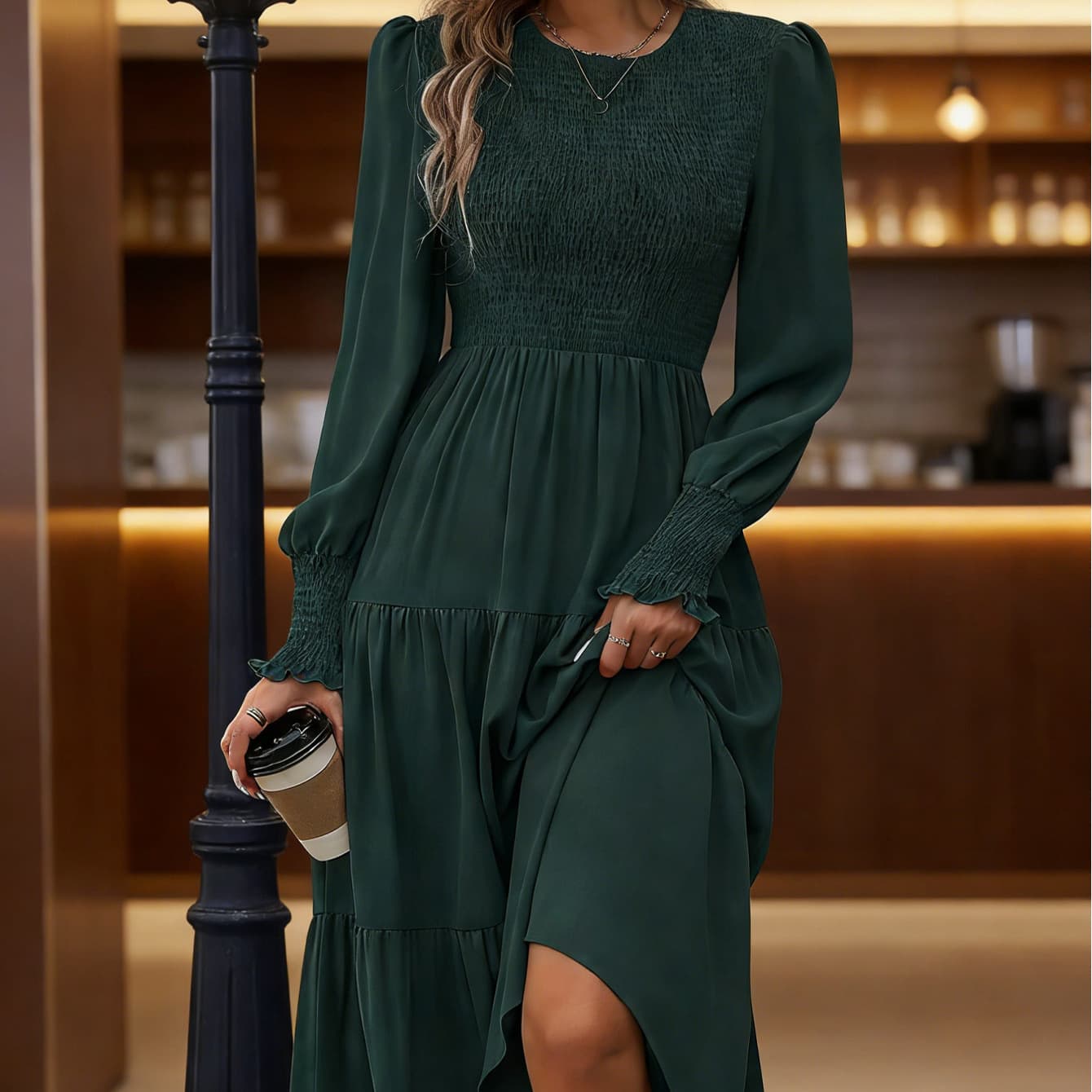 European and American foreign trade cross-border women's popular solid color long-sleeved pleated layered short-sleeved dress
