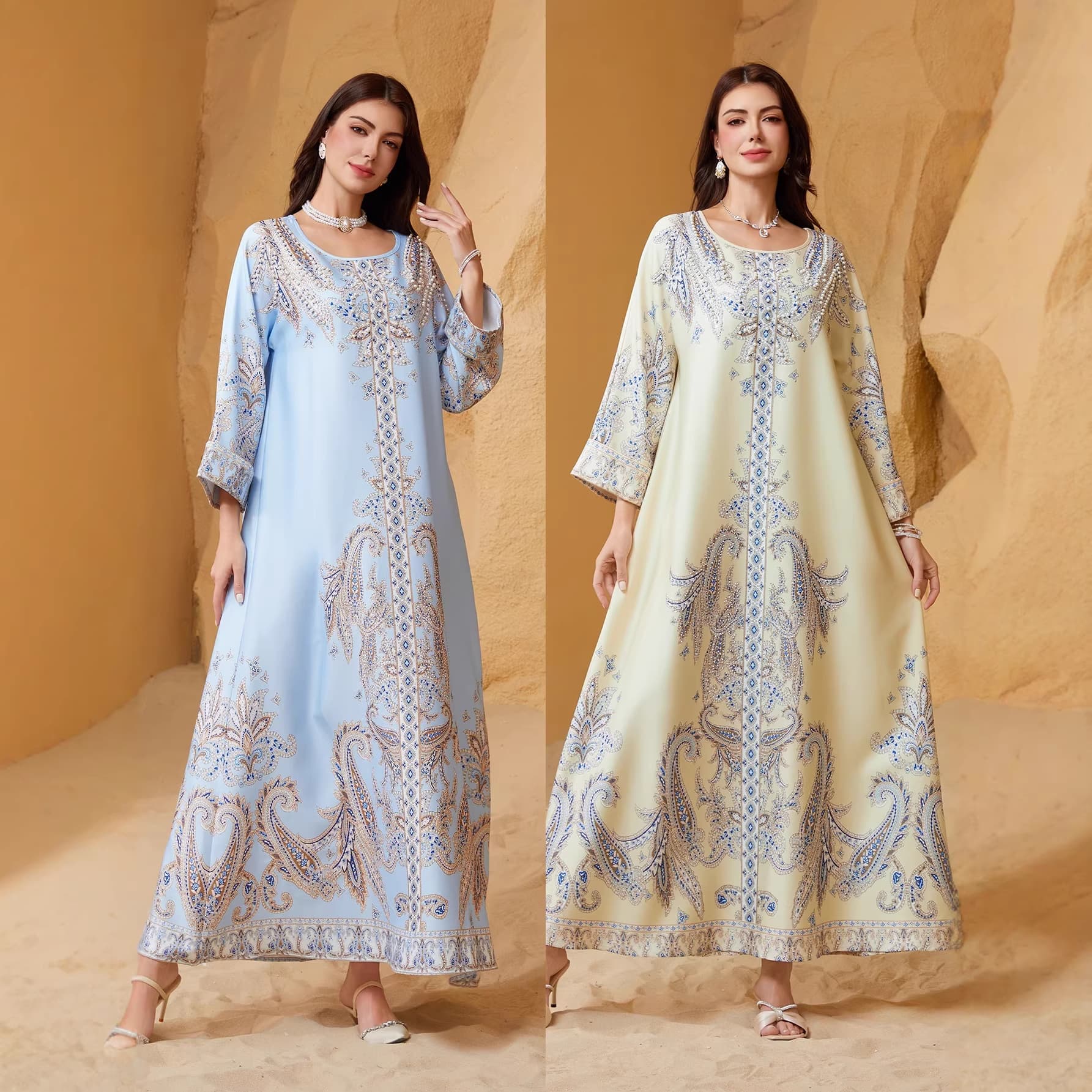 ZD011ins Women's Robe Beaded Printed Dress Round Neck Abaya Style Rhinestone