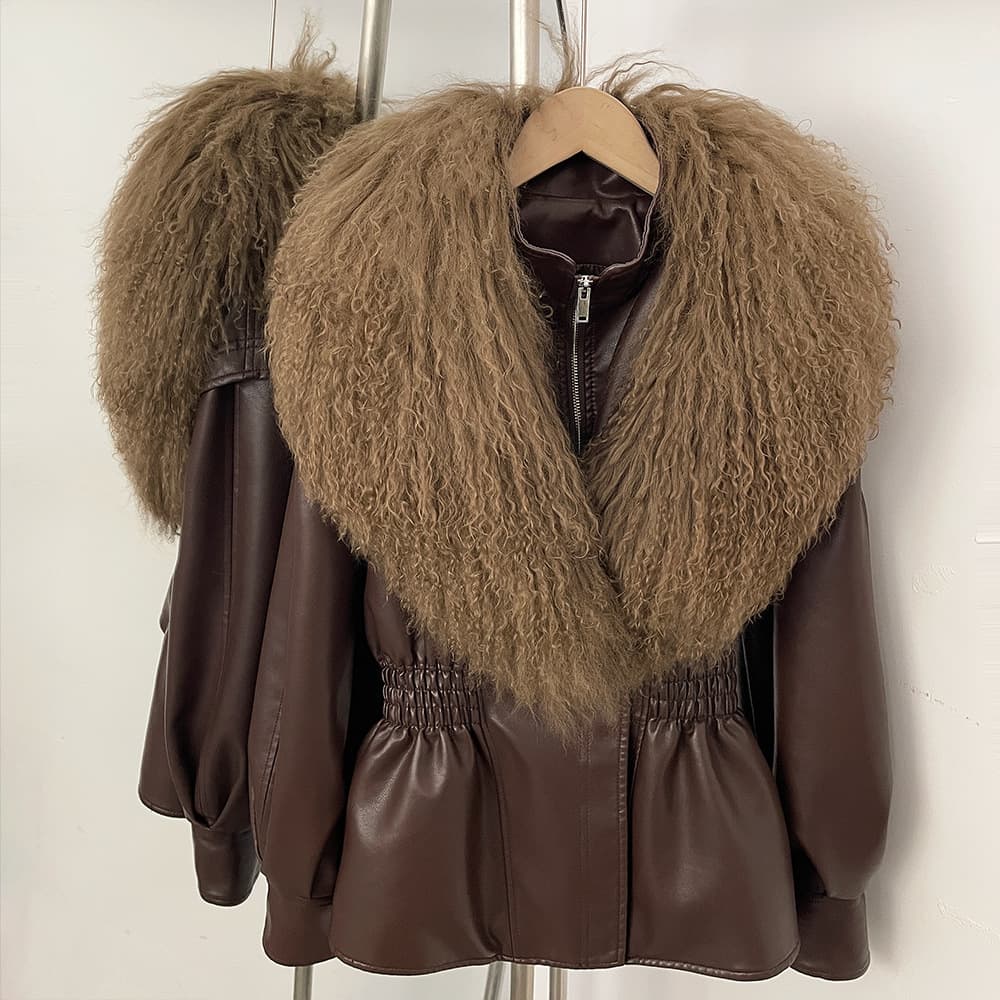 Natural Mongolian Lambswool Fur Collar Leather Jacket Black Soft PU Leather Waist-Tied Winter Warm Fashion Women's Coat Sheepskin
