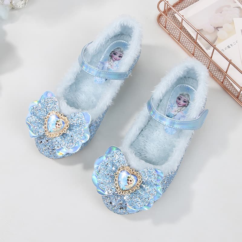 New winter style blue Elsa princess shoes for little girls, fleece-lined crystal shoes, high heels for toddlers and preschoolers.