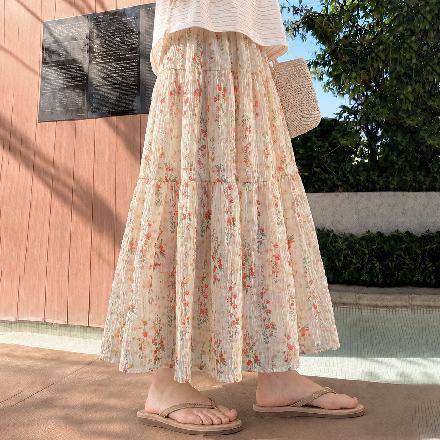 Pink Floral Skirt for Women Summer 2026 New A-Line High-Waist Petite Korean Style Long Chiffon Layered Skirt