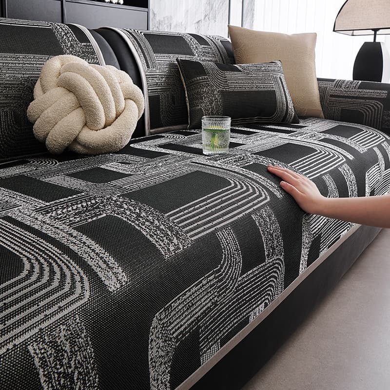 Ice Silk Summer Cool High-End Sofa Cover Non-Slip Black and White Slipcover Straight Row Non-Slip Sofa Cushion One-Piece