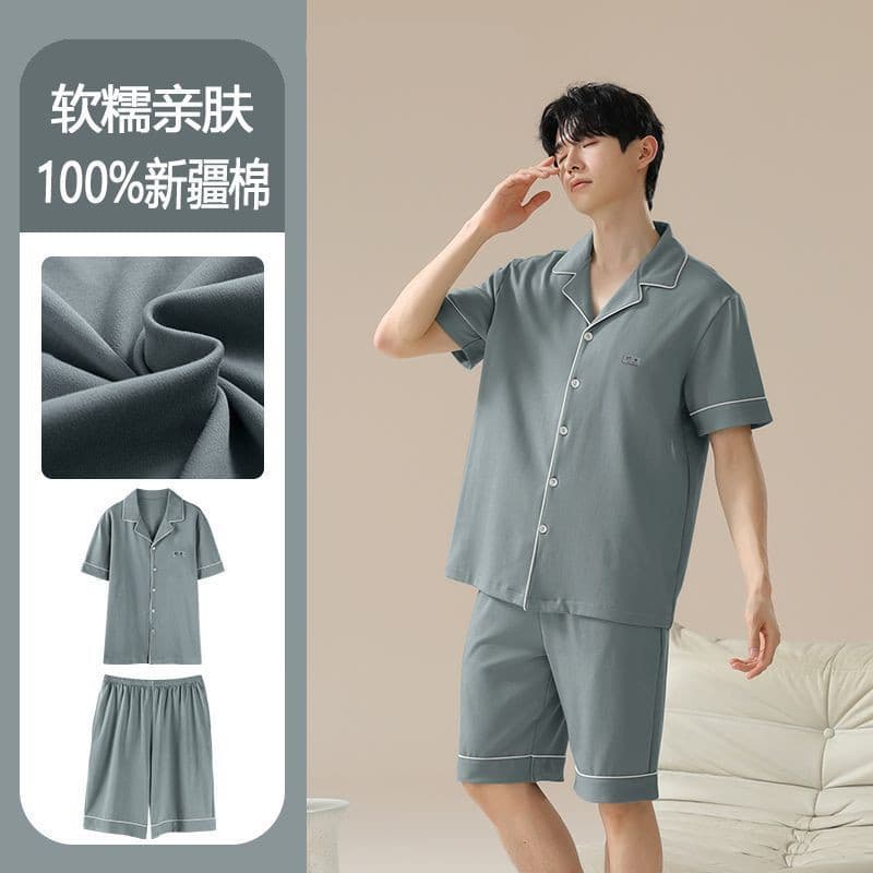 Men's Cotton Xinjiang Cotton Pajama Set Short Sleeve Shorts Spring Autumn Thin Home Wear for Teens