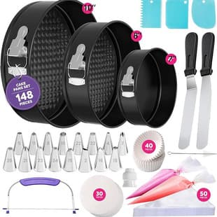 148-Piece Non-Stick Locking Cake Pan Set with Cream Nozzles, Baking Cups, Parchment Paper, Baking Tools