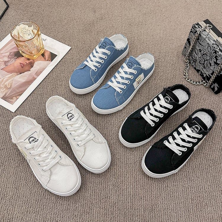 Baotou Half Slippers for Women Summer 2025 New Style Backless Casual Canvas Shoes Flat Bottom Leisure Women's Shoes