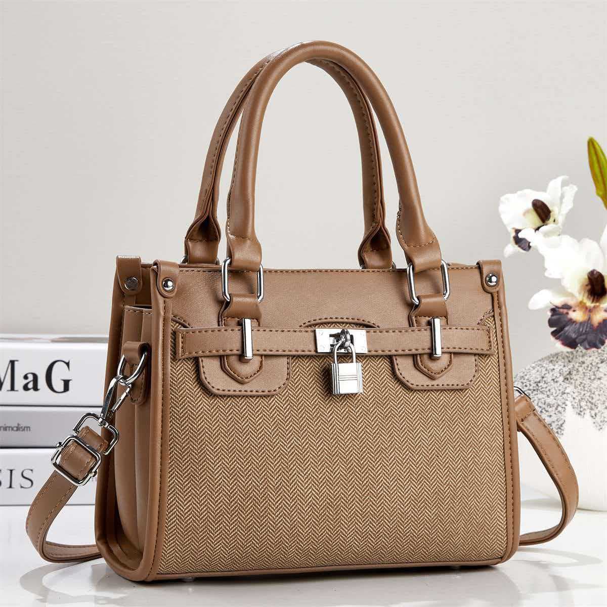 Handbag with Lock, Top Handle, Shoulder and Crossbody Bag, Fashionable Vintage Women's Commuter Handbag