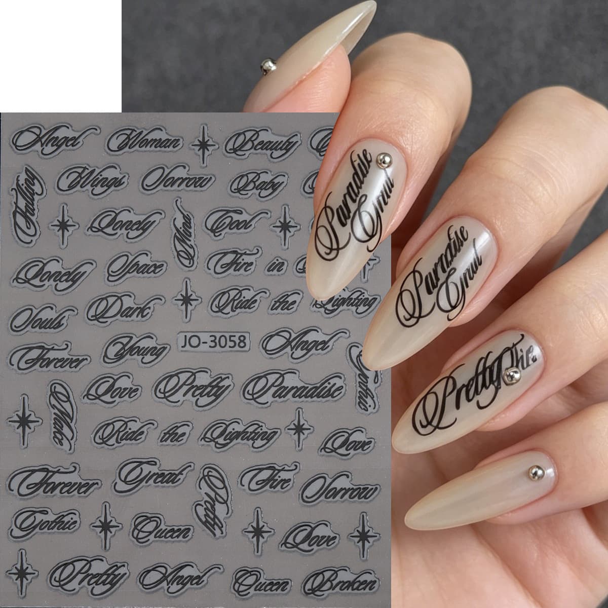 New Cross-Border Nail Stickers Gold Silver Black White Four-Color Gothic Handwritten Letters Stars Adhesive Nail Stickers