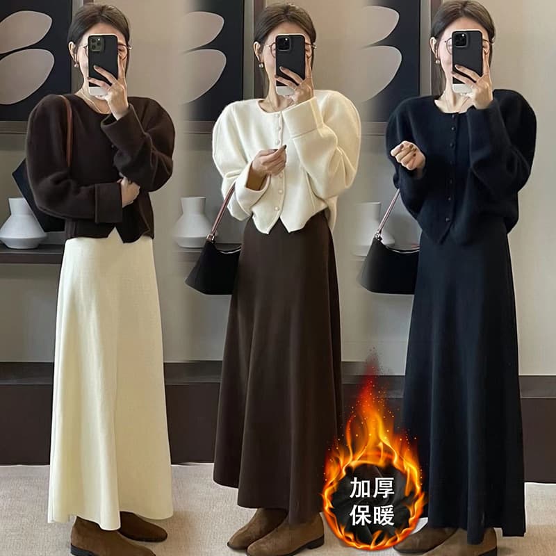 Non-Belly Support Maternity Skirt, Autumn/Winter Fleece-Lined Thick Knitted Cashmere Slimming A-Line Long Skirt with Drape