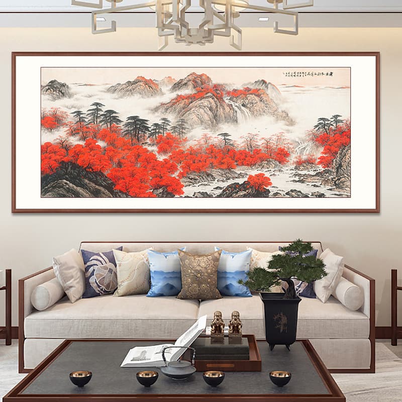 Hand-painted landscape painting of mountains in full bloom, a horizontal scroll for decorating the west wall of the living room or as a feng shui wall hanging for the office.